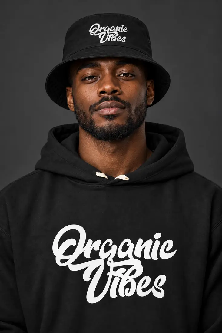 Model in the black OV Script Hoodie and white script bucket hat