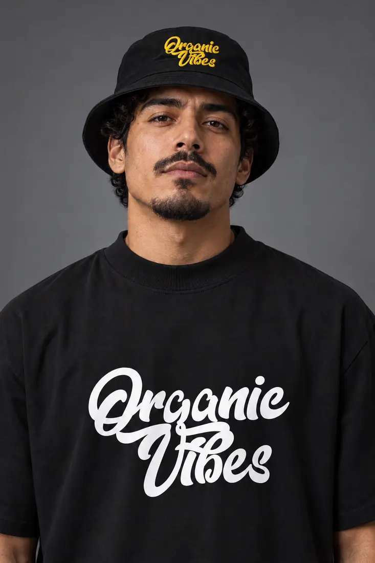 Model in the black oversized tee and gold script bucket hat